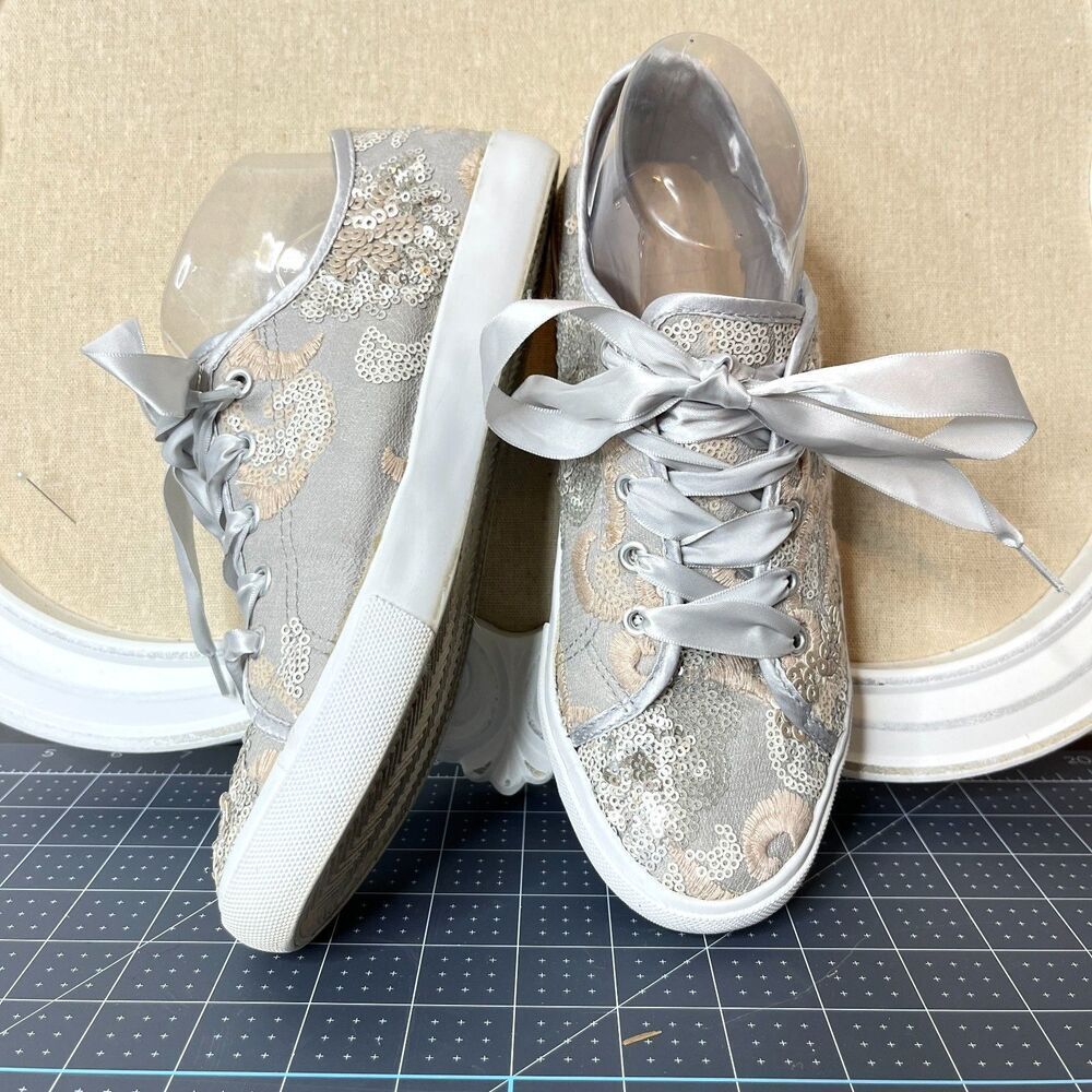 4/$100 Kaari Blue Haven Sequin Embroidered Embellished Satin Ribbon Lace Shoes